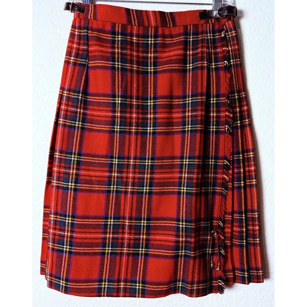 Gorray Tartan Plaid Kilt Skirt Red Wool Blend Pleated Wrap Safety Pin Vintage *6